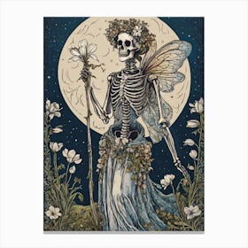 Skeleton Fairy - Gothic Line Art of Spring Skellie Woman Witch Fae Pagan Ostara Imbolc Full Moon Spooky Creepy Beautiful Midnight Stars Goth Feature Wall Occult Macabre HD Canvas Print