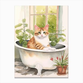 Japanese Bobtail Cat In Bathtub Botanical Bathroom 1 Canvas Print