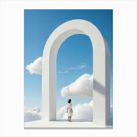 Cumulus Clouds Morph Into An Abstract Cartoon Style Portal Where A Solitary Figure Levitates Their (1) Canvas Print