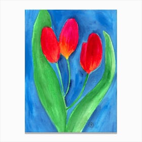 Three Tulips - floral flower red green blue watercolor Canvas Print