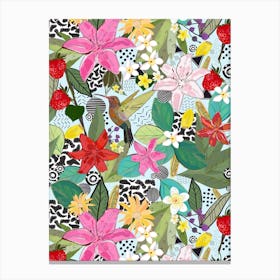 Tropical Pattern With Humming Bird, Strawberry And Colorful Lily Floral Pattern Canvas Print