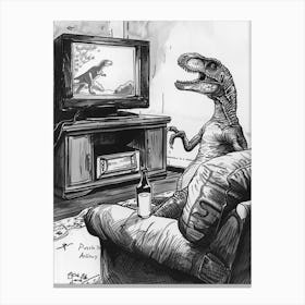 Dinosaur Watching Tv Black Sketch Illustration Canvas Print
