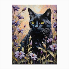 Black Cat Amongst Belladonna Flowers - Oil and Palette Knife Painting of A Beautiful Black Cat Sitting Among the Flowering Atropa Belladonna Deadly Nightshade - Kitty, Cat Lady, Pagan, Feature Wall, Witch, Fairytale Tarot Bastet Litha Colorful Painting in HD Canvas Print