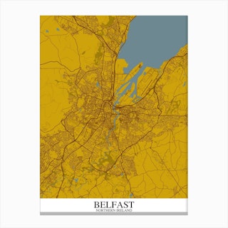 Belfast Yellow Blue Map Canvas Print
