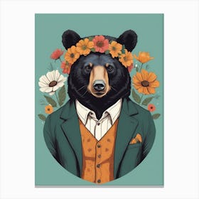 Floral Black Bear Portrait In A Suit (10) Canvas Print