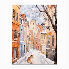 Cat In The Streets Of Tallinn   Estonia With Snow 1 Canvas Print