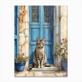 Cat In Front Of Blue Door Canvas Print