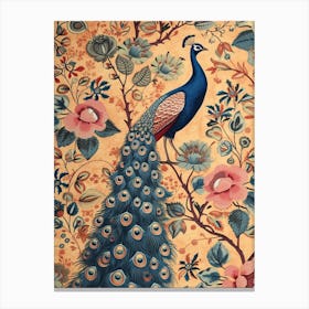 Mustard Blue Floral Peacock Wallpaper Canvas Print