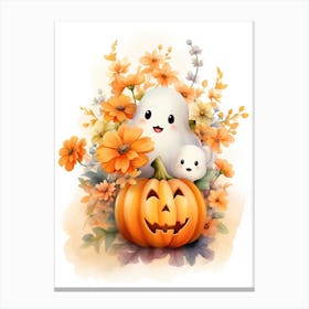 Cute Ghost With Pumpkins Halloween Watercolour 39 Canvas Print