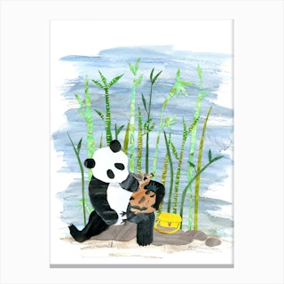 Panda And Baby Peacock Canvas Print