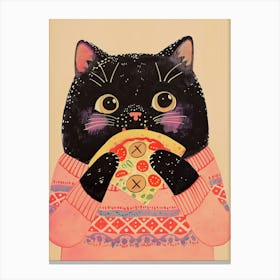 Black Cat Eating A Pizza Slice Folk Illustration 3 Canvas Print