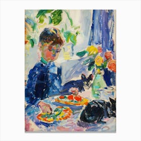 Portrait Of A Boy With Cats Having Pizza 3 Canvas Print