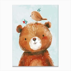 Small Joyful Bear With A Bird On Its Head 2 Canvas Print