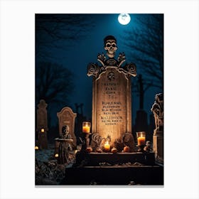 A Wooden Signboard Bathed In An Eerie Glow From A Full Moon Looming Ominously Above A Desolate Cem (7) Canvas Print