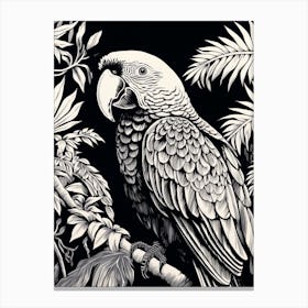 B&W Bird Linocut Macaw 3 Canvas Print