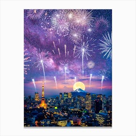 Fireworks And Mount Fuji In Japan Canvas Print