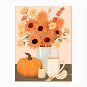 Pitcher With Sunflowers, Atumn Fall Daisies And Pumpkin Latte Cute Illustration 1 Canvas Print