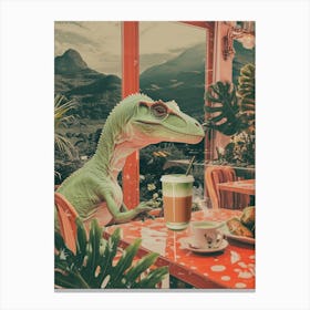 Dinosaur Drinking A Matcha Latte Retro Abstract Collage 1 Canvas Print