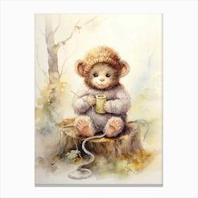 Monkey Painting Knitting Watercolour 1 Canvas Print