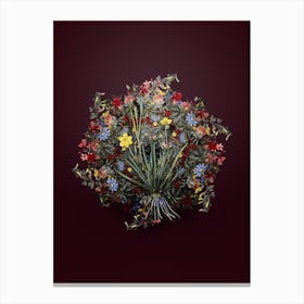 Vintage Yellow Eyed Grass Flower Wreath on Wine Red n.2735 Canvas Print