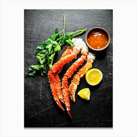 Seafood. Crab, herbs, lemon — Food kitchen poster/blackboard, photo art Canvas Print