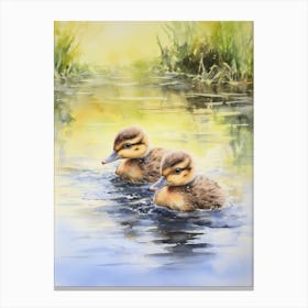 Ducklings In Lake Watercolour 4 Canvas Print