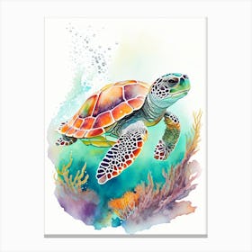 A Single Sea Turtle In Coral Reef, Sea Turtle Watercolour 3 Canvas Print
