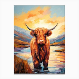 Impressionism Style Painting Of A Highland Cattle In The River 3 Canvas Print