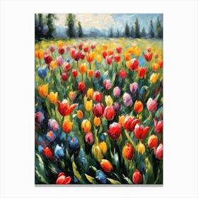 Rainbow of Tulips in the Meadow ~ Spring Oil Painting Vibrant Countryside Summer Landscape Feature Wall Decor - Botanical Canvas Print