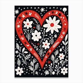 Red Heart With White Floral Details Black Background Canvas Print