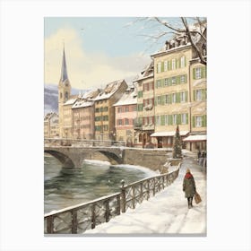 Vintage Winter Illustration Zurich Switzerland 1 Canvas Print