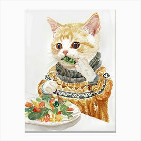 White Tan Cat Eating Salad Folk Illustration 4 Canvas Print