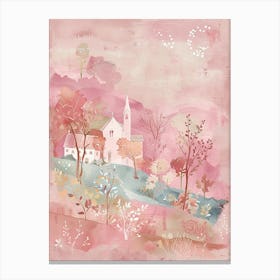 Print With Bloominburg On A Pink Background, In The Style Of Pastel Hued, Serene Watercolors, Celestialpunk, Nul Group, Hurufiyya, English Countryside, Subtle Hues Stampe su tela