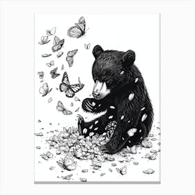 Malayan Sun Bear Cub Playing With Butterflies Ink Illustration 3 Canvas Print