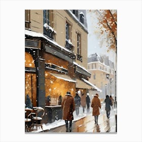 Paris cafes, winter season, Christmas, pale colors, pedestrians in the street, winter clothes, falling snow.1 3 Lienzo