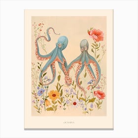 Folksy Floral Animal Drawing Octopus 4 Poster Canvas Print
