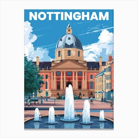 Anime Canvas Art: Nottingham Cityscape Featuring the Council House, Reflective Fountains, and Bright Blue Sky, Perfect for Lofi Aesthetic and Urban Decor Fans. Canvas Print