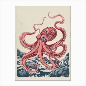 Red Octopus Linocut On The Ocean Floor Linocut Inspired 1 Canvas Print