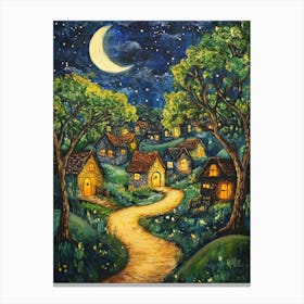 Village At Night With Stars and Moon In The Sky 5 Canvas Print