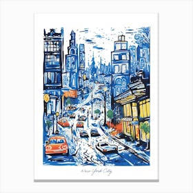 New York Illustration Line Art Travel Blue Canvas Print