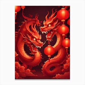 Two Red Dragons With Lanterns Canvas Print