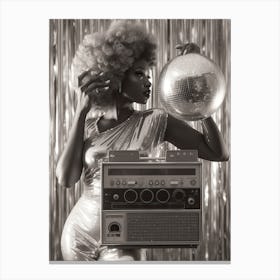 Black And White Woman With A Disco Ball And Boombox 2 Canvas Print