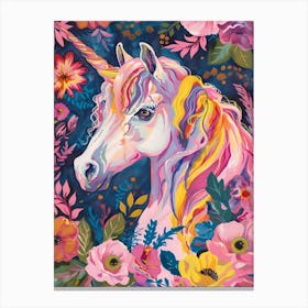 Floral Folky Unicorn Portrait Fauvism Inspired 2 Canvas Print