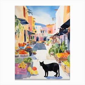 Food Market With Cats In Santorini 2 Watercolour Canvas Print