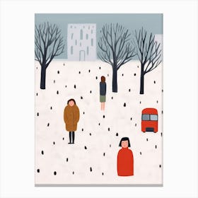 London Winter Red Bus Scene, Tiny People And Illustration  Canvas Print