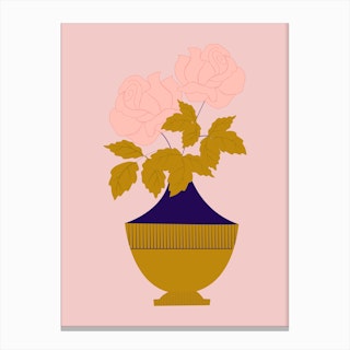 Pink Roses In A Golden Vase Canvas Print