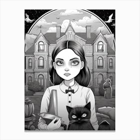 Nevermore Academy With Wednesday Addams And A Cat Line Art 2 Fan Art Canvas Print