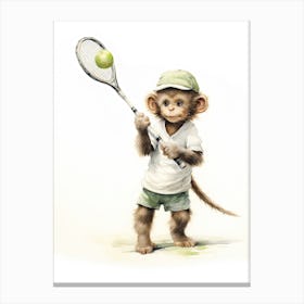 Monkey Painting Playing Tennis Watercolour 1 Canvas Print
