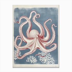 Octopus Linocut Style With Aqua Marine Plants 1 Canvas Print