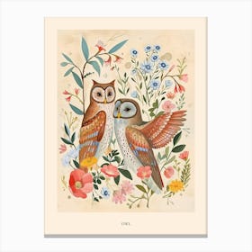 Folksy Floral Animal Drawing Owl Poster Canvas Print